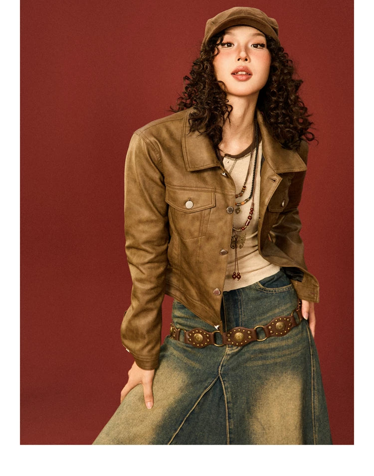 PU Leather Standing-Collar Short Jacket