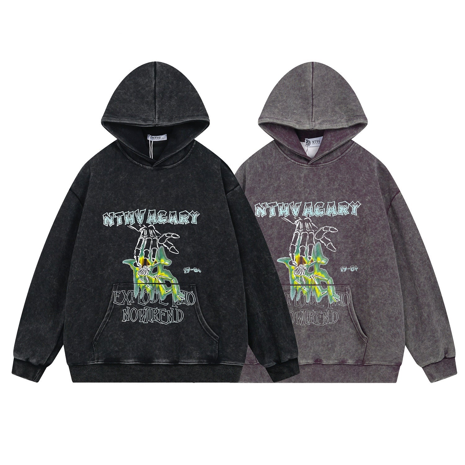 Washed Thick Print Pullover Hoodie