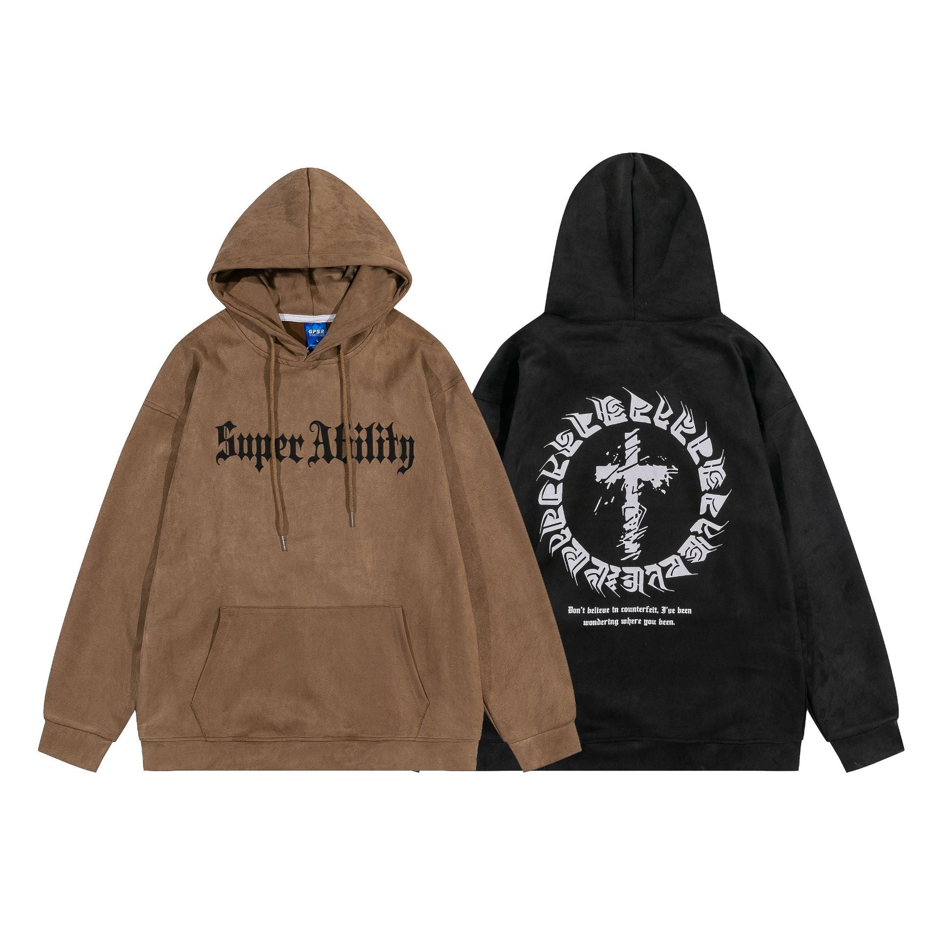 Suede Cross Letter Pullover Hoodie