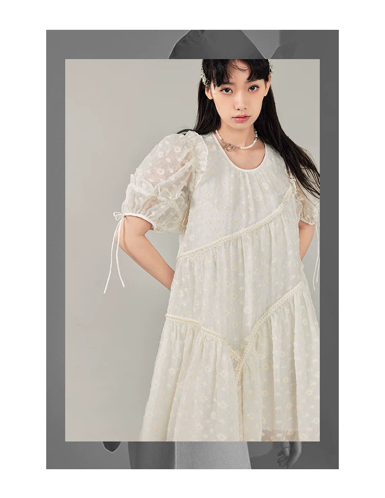 Jacquard Design Short Sleeve Dress With Irregular Hem Length