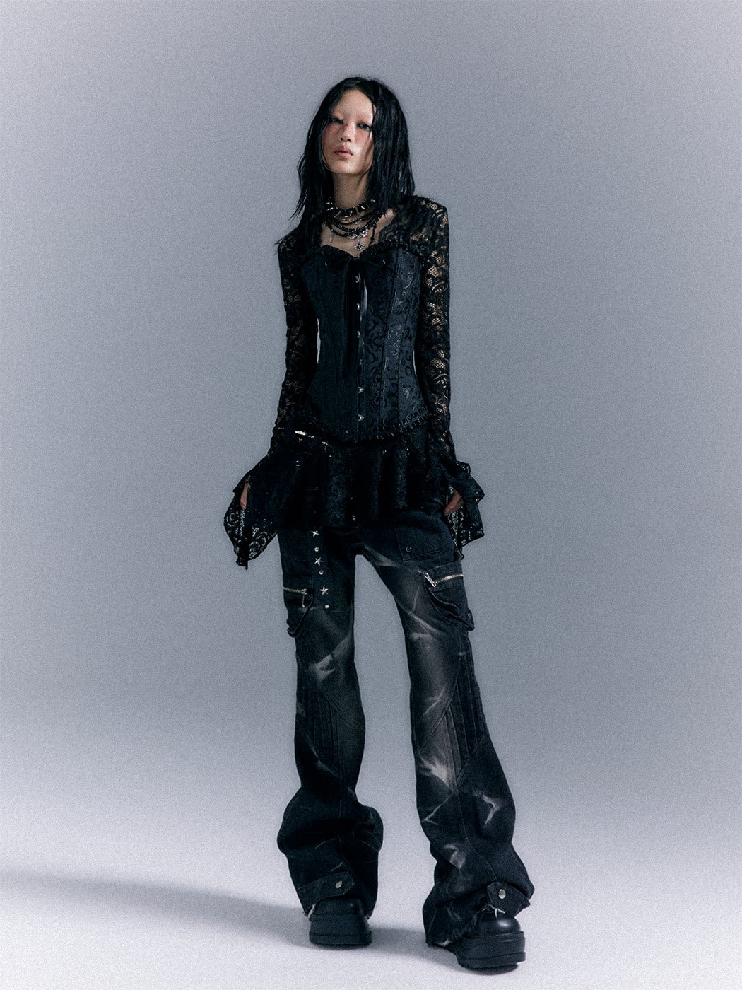Lace-Up Corset Top & Lace Long Sleeve Dress Setup