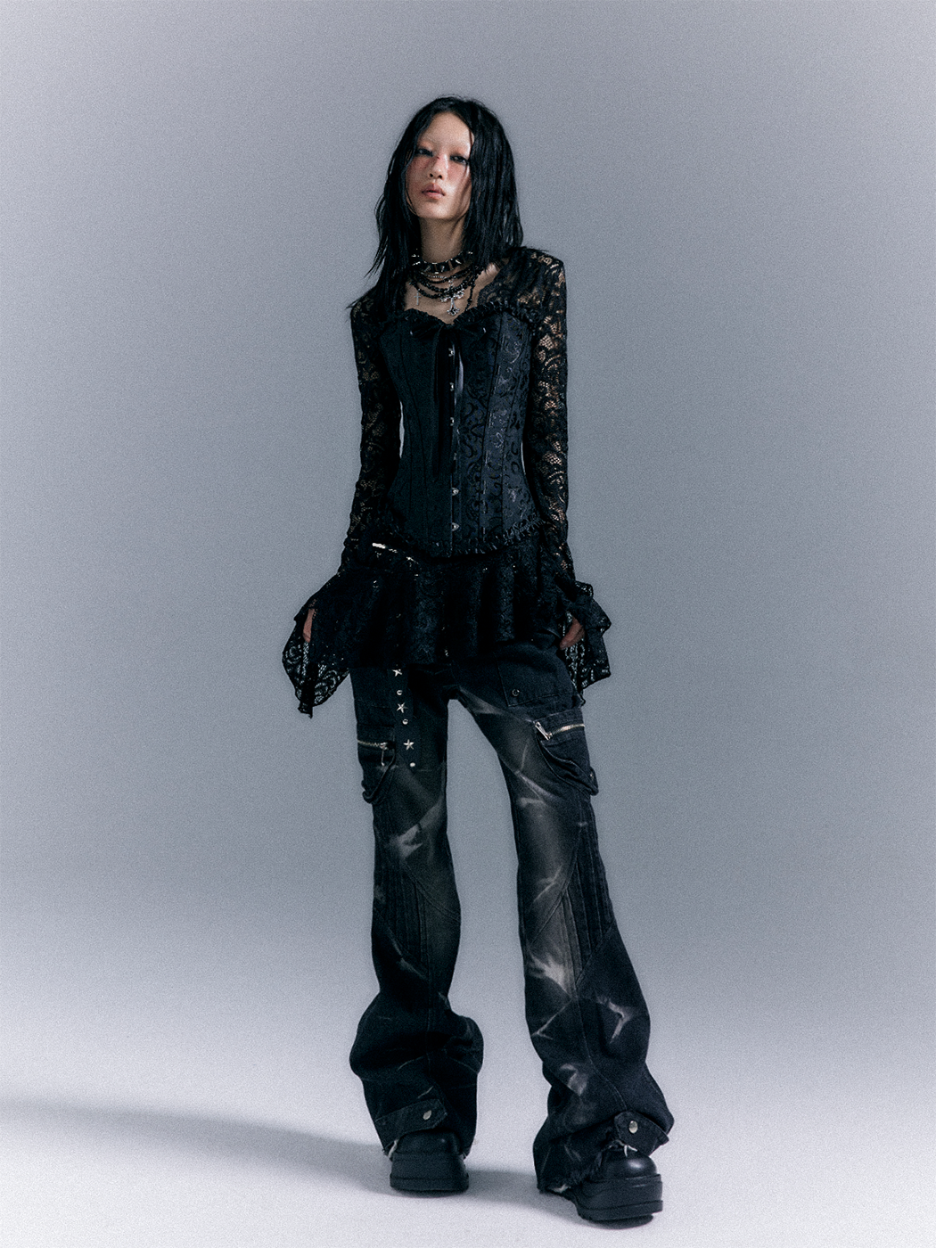 Lace-Up Corset Top & Lace Long Sleeve Dress Setup