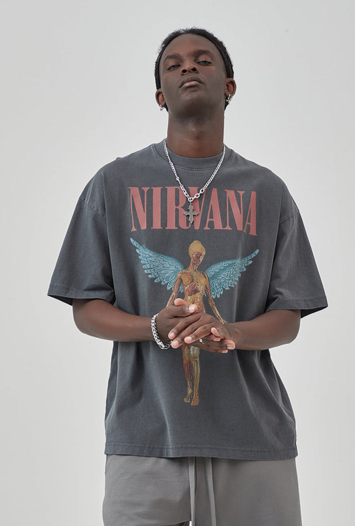 T-shirt rétro à manches courtes imprimé Nirvana