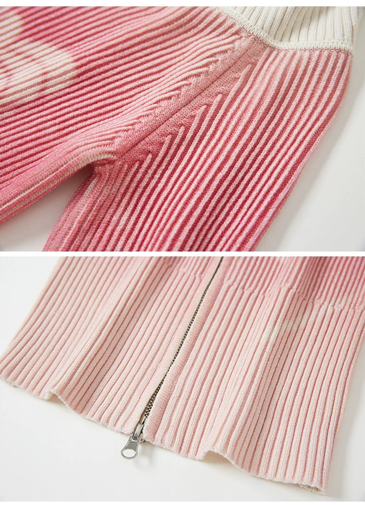 Bow Gradient Print Zipper Knit Sweater