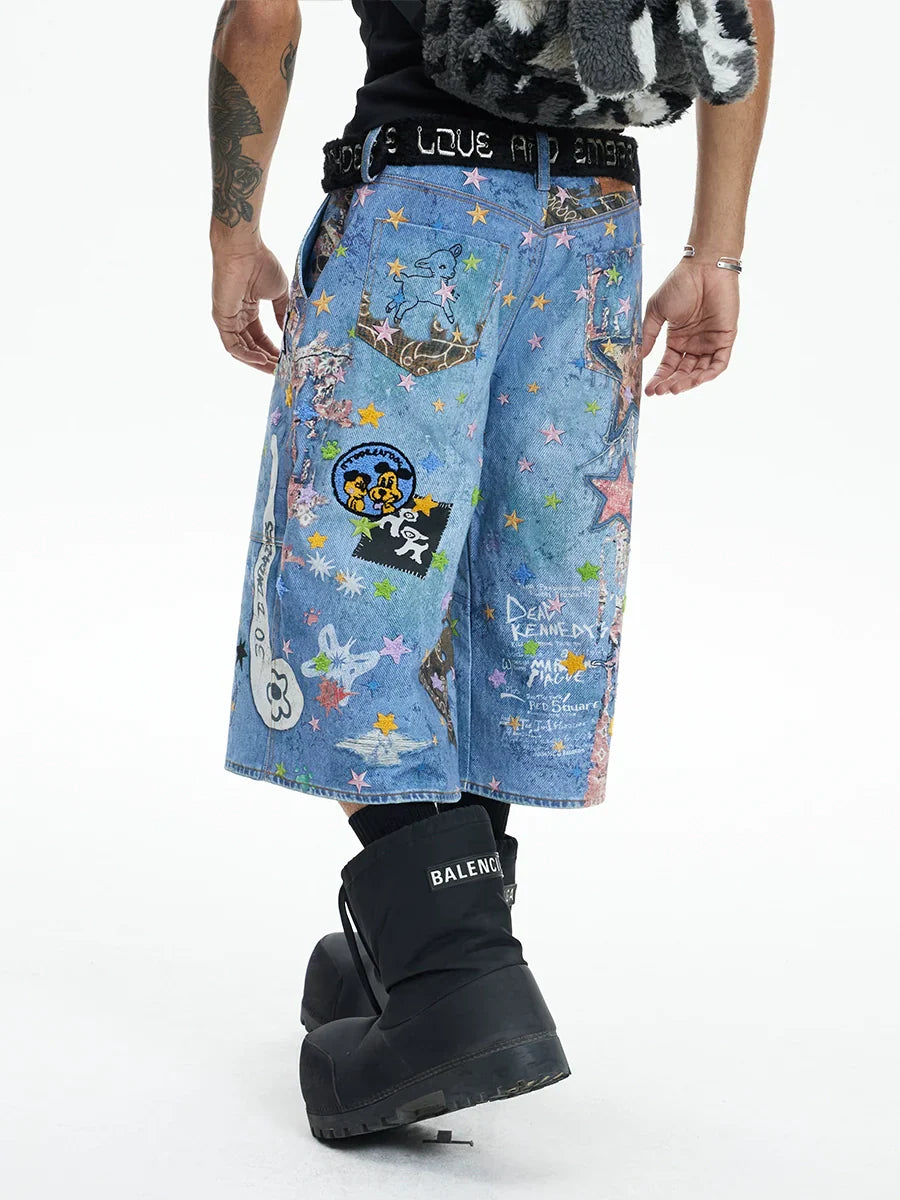 Digital Cartoon Print Denim Half Jeans