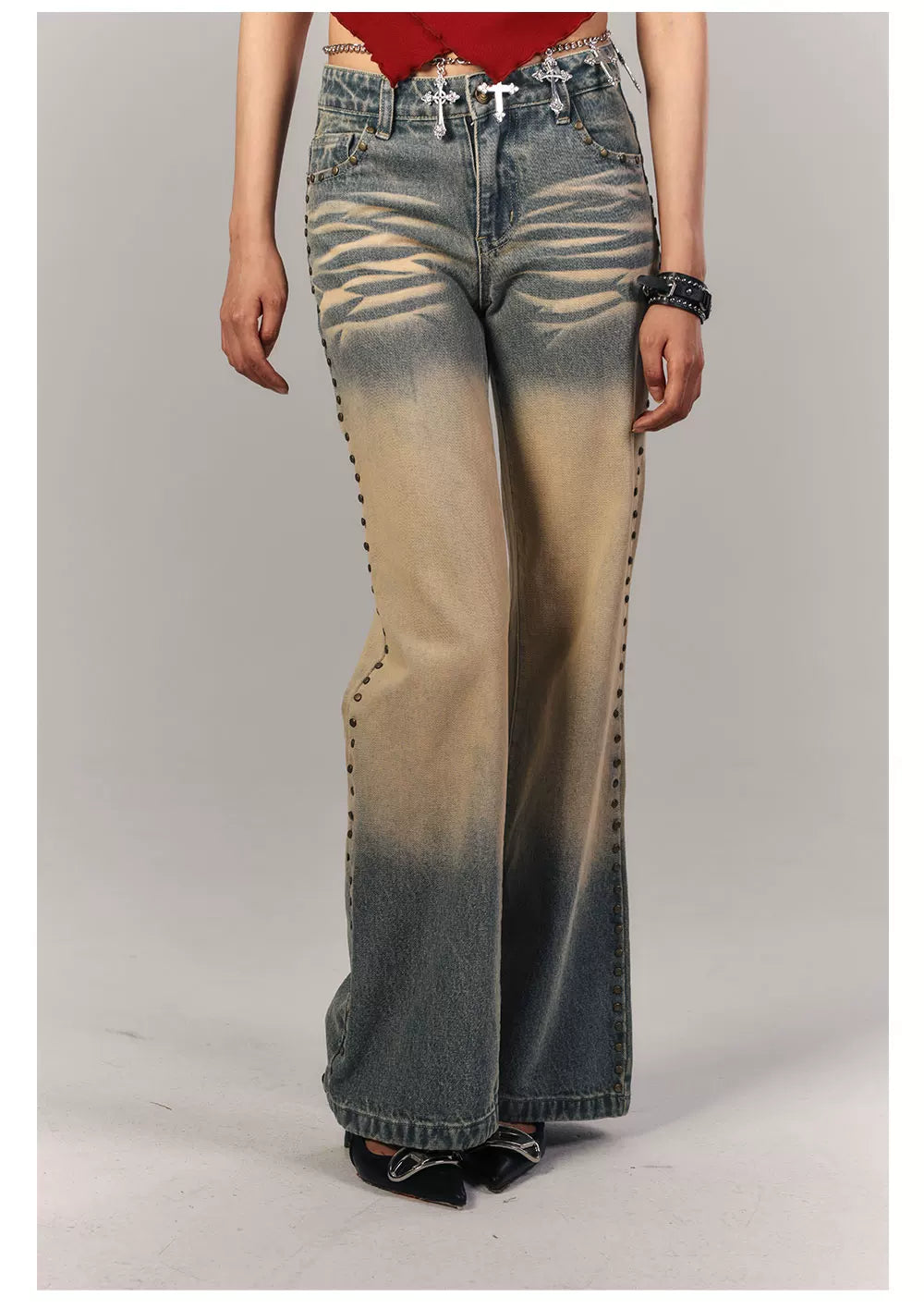 Washed Gradient Studs Detail Flare Denim Jeans