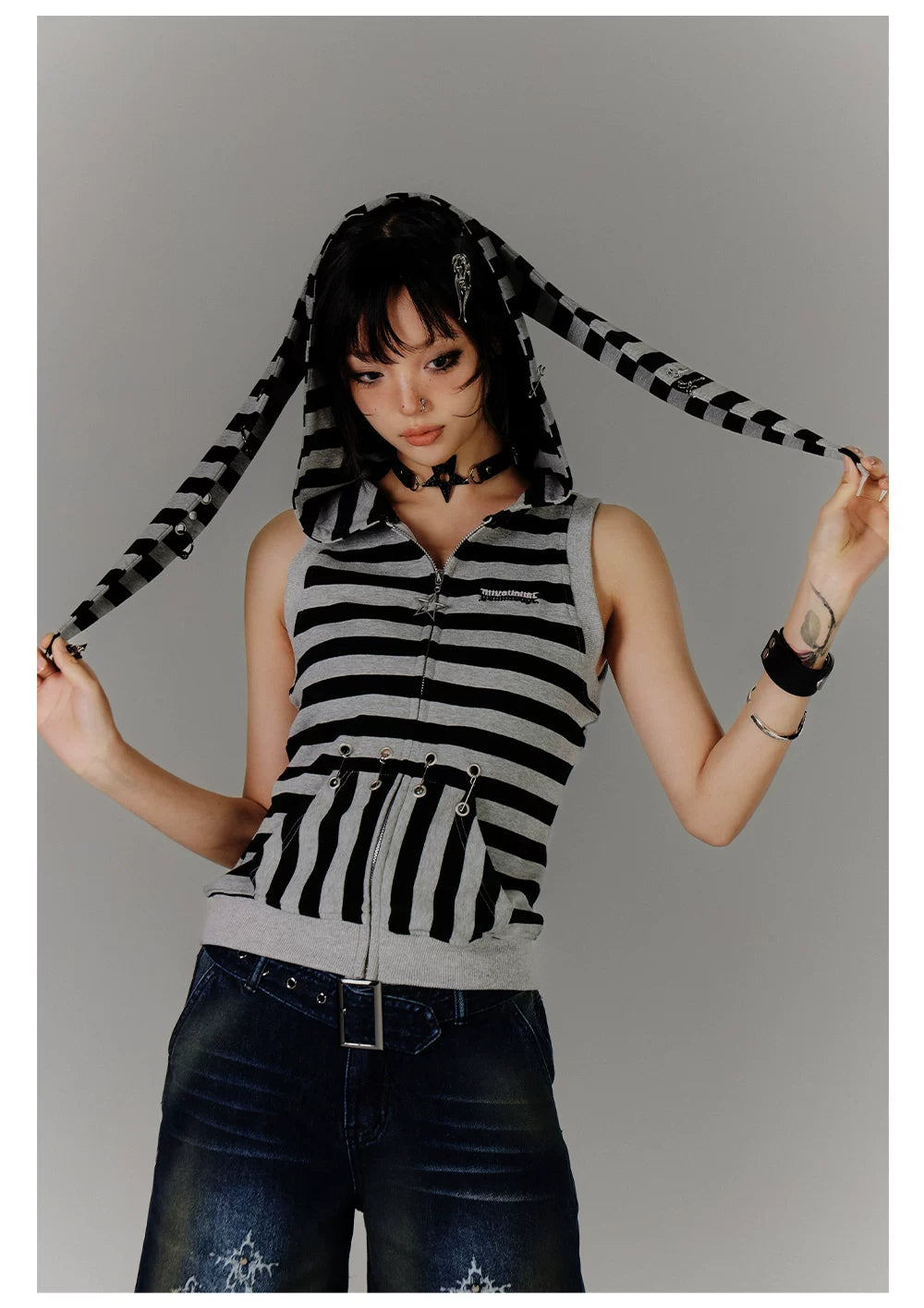 Stripe Zipper Hooded Sleeveless T-Shirt