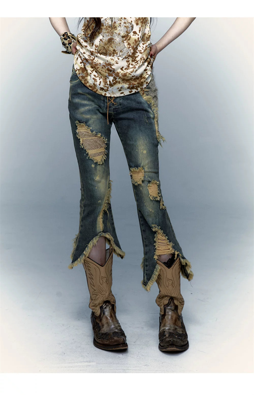 Damage Asymmetric Flare Denim Jeans