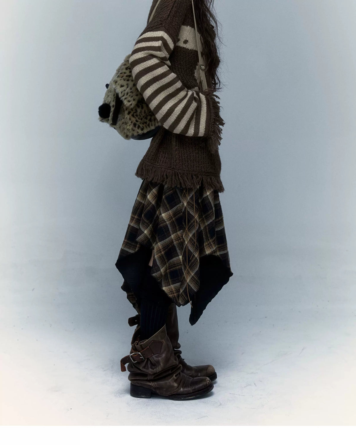 Skull Print Stripe Oversize Knit Hoodie