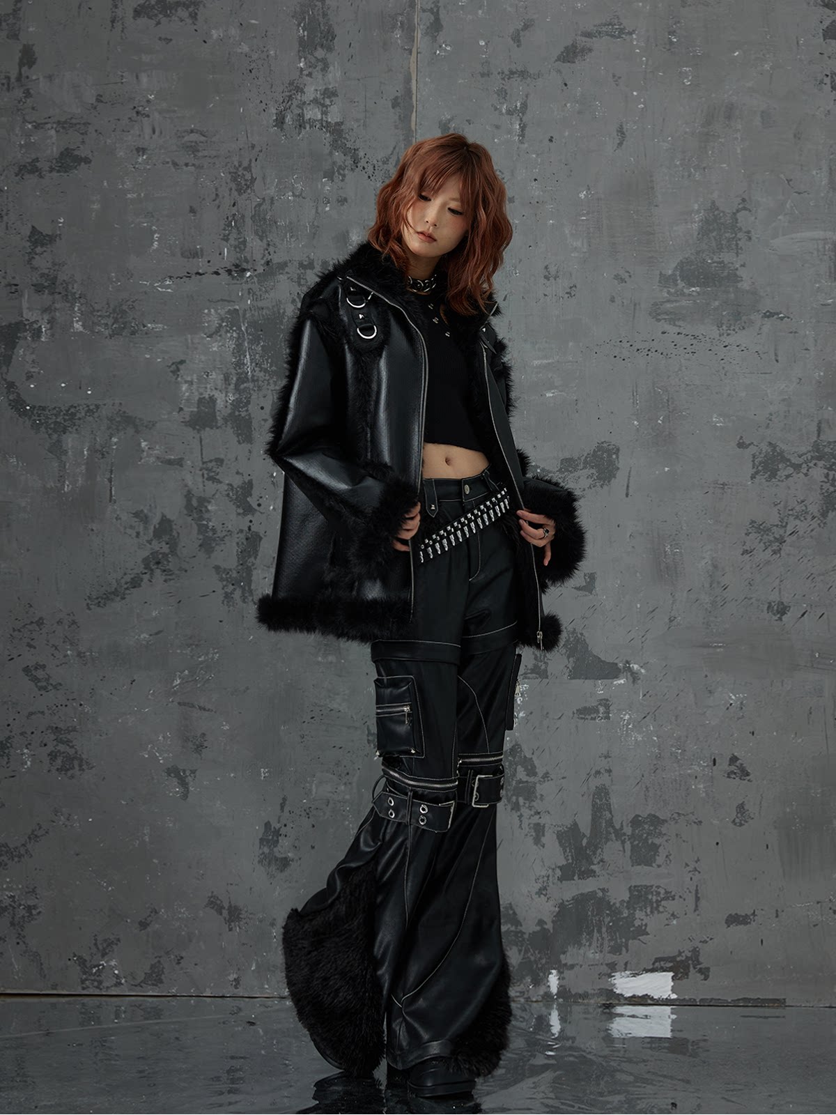 Punk Oversize Metal-Accent Shearling Jacket