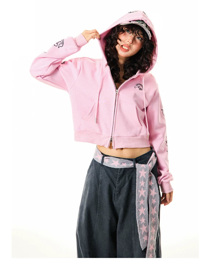 Gothic Logo Print Cropped Zipper Hoodie