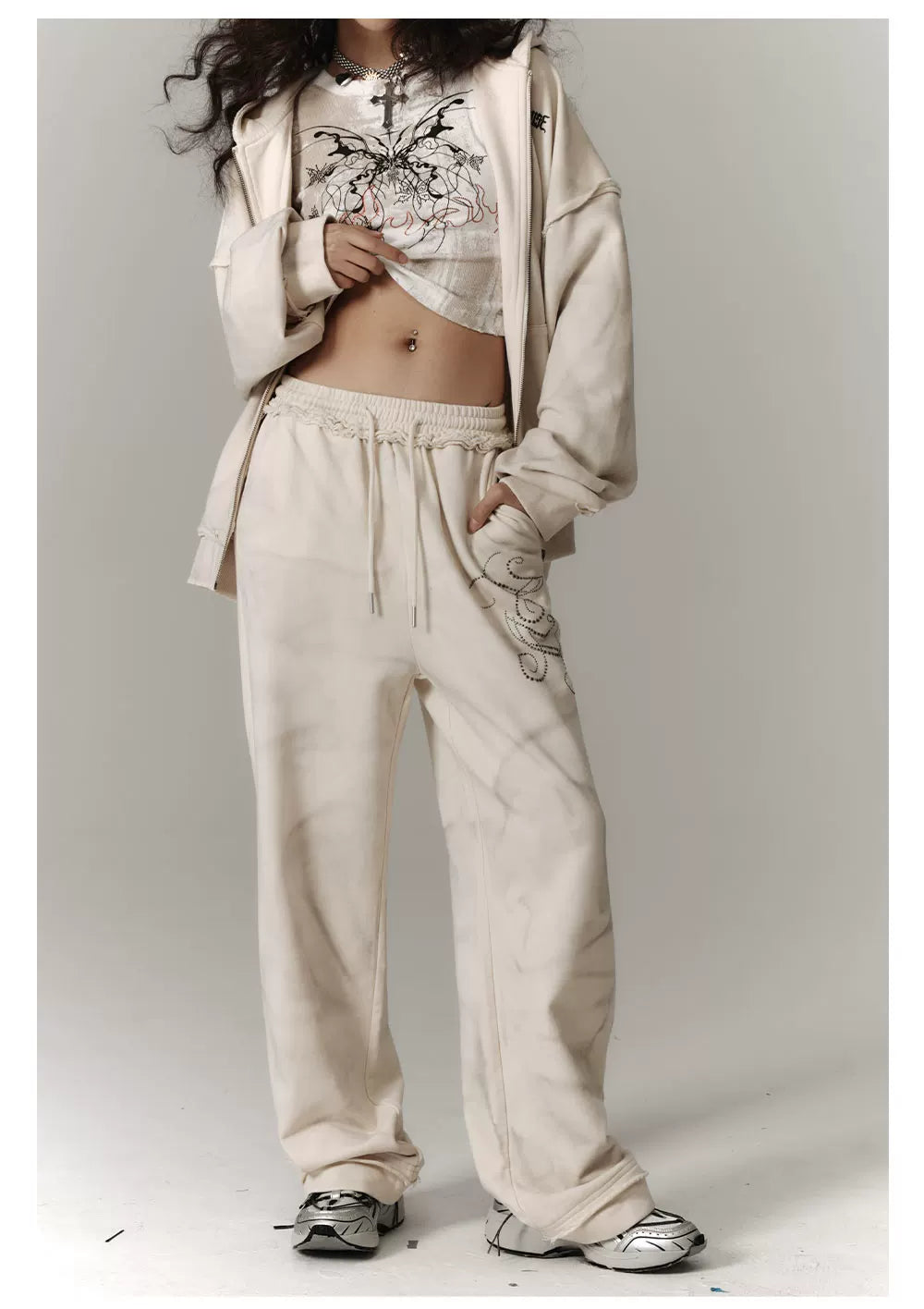 Washed Damage Oversize Zipper Hoodie & Wide Leg Pants Setup