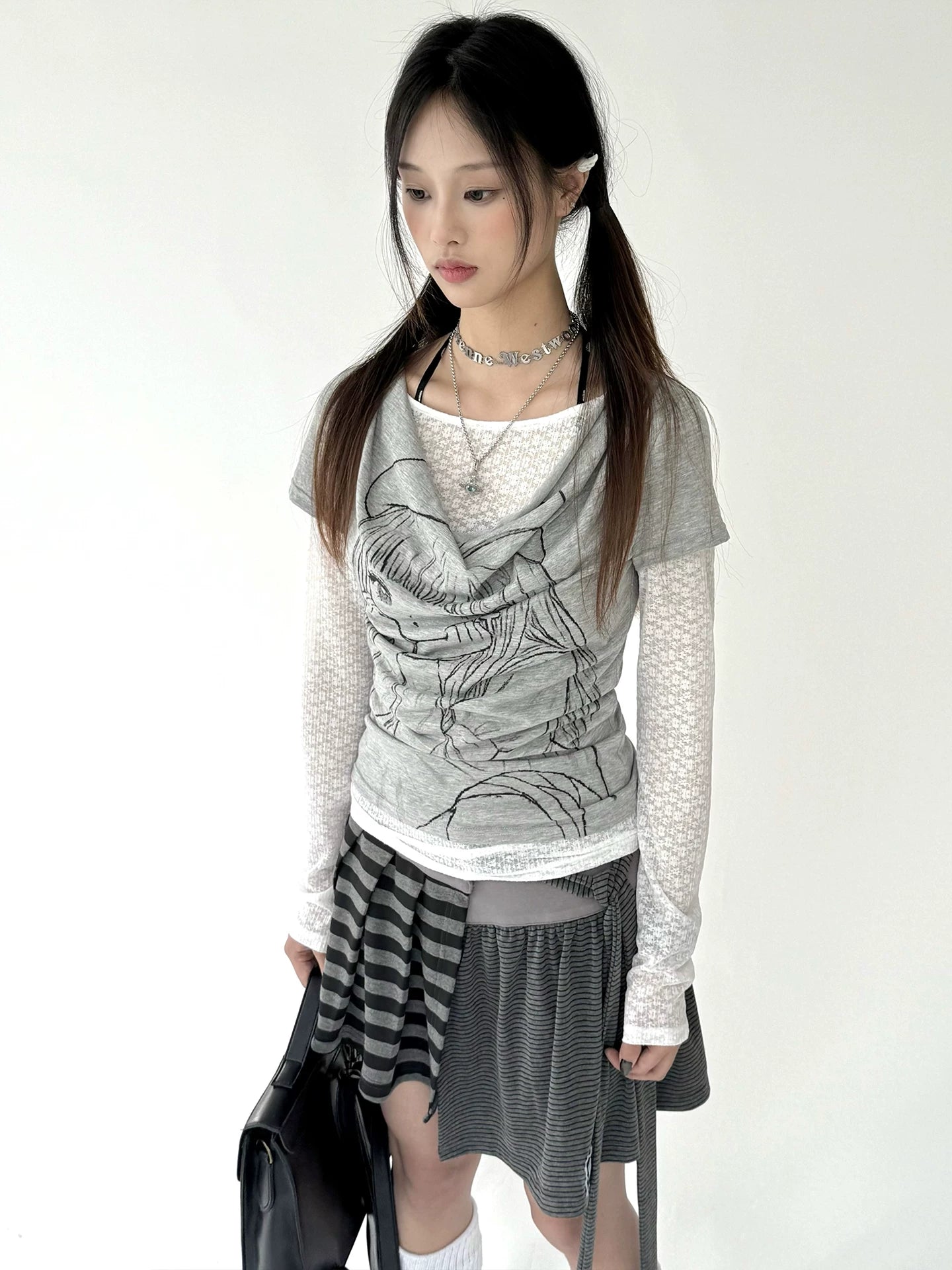 Fake Layered Draped Print Long Sleeve T-Shirt