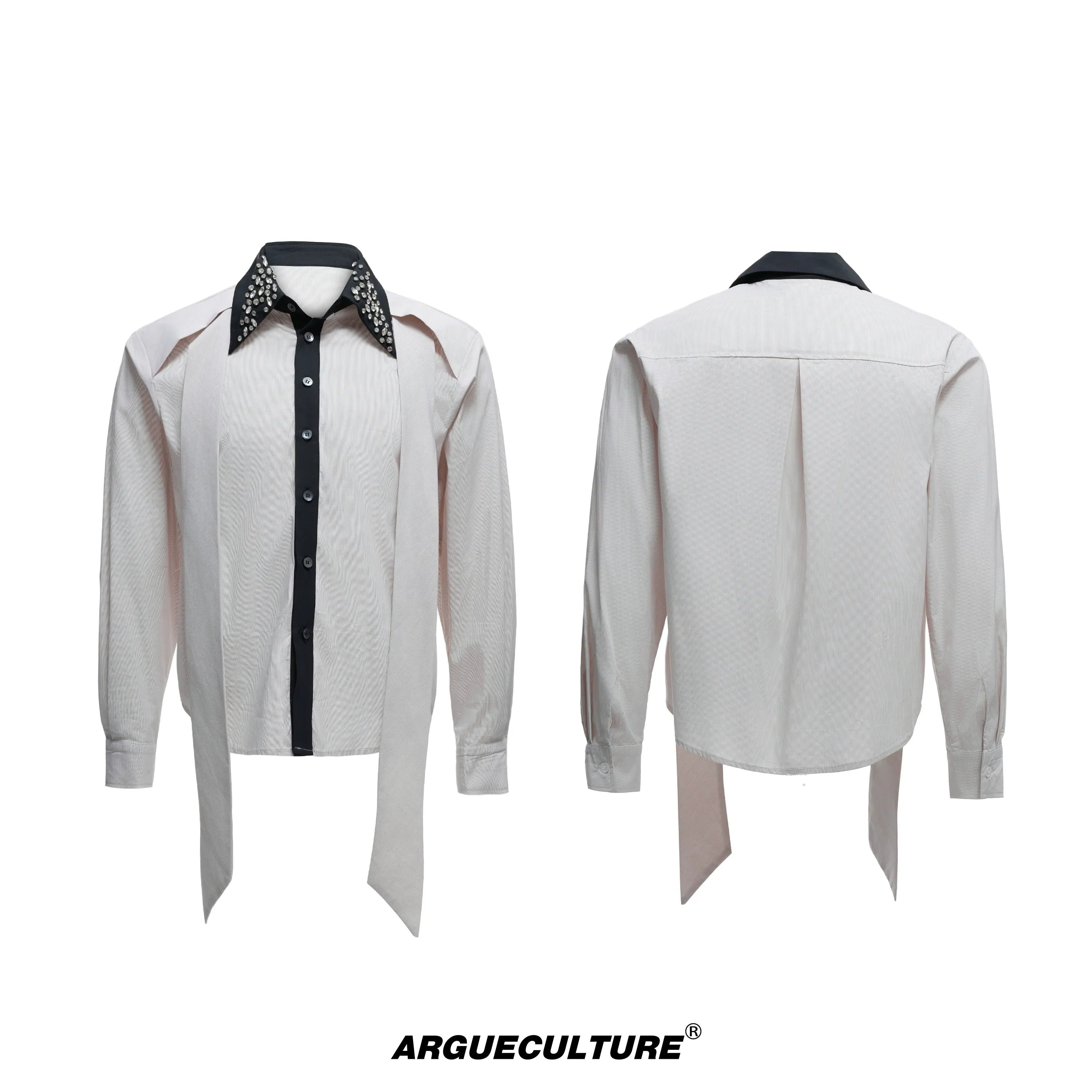 Rhinestone Neckline Ribbon Colorblock Long Sleeve Shirt
