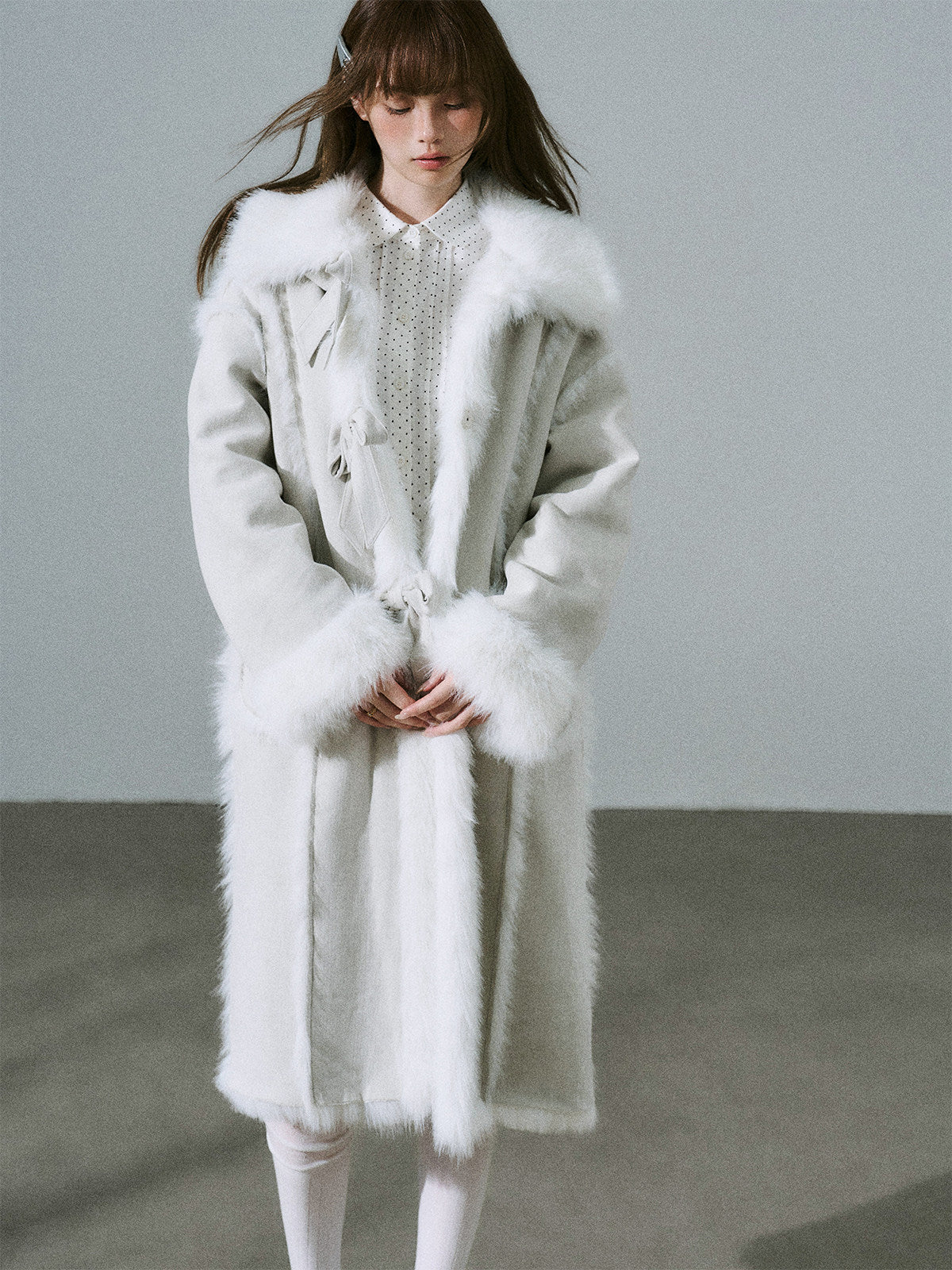 Bow Detail Fake Fur Trimmed Coat
