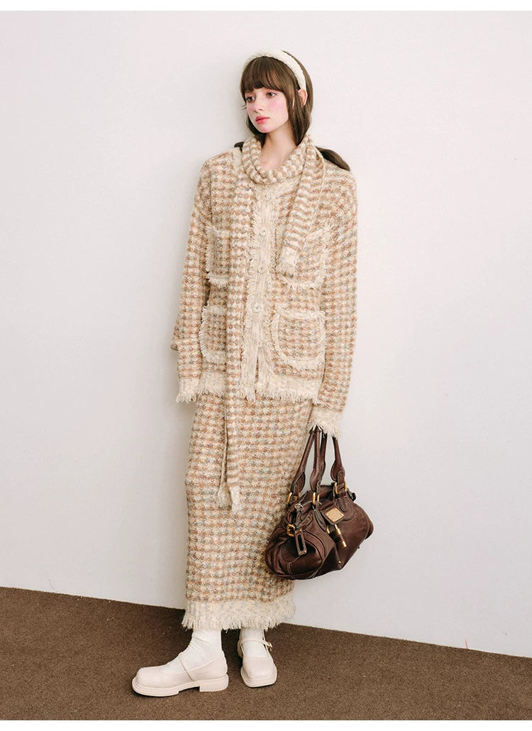 Plaid Button Cardigan & Scarf & Long Skirt Setup