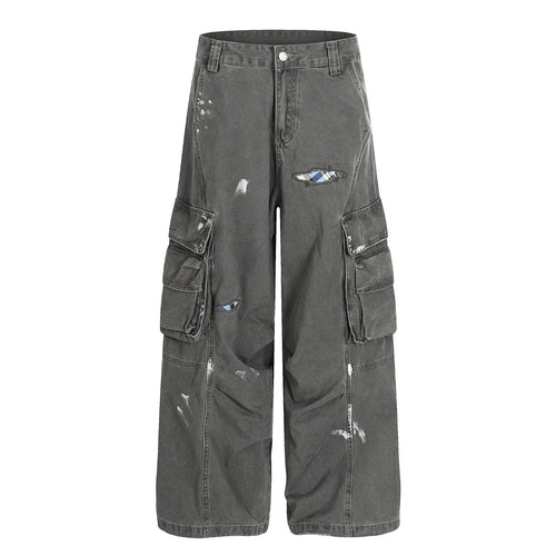 Damage Dirty Wide Leg Curved Cargo Pants - Gray / S