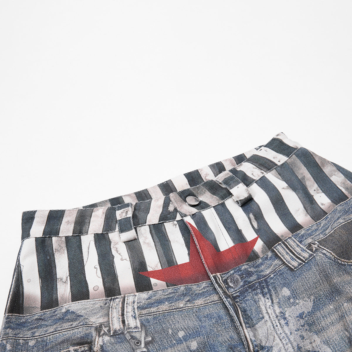 Star Print Fake Layered Curved Wide Leg Denim Jeans