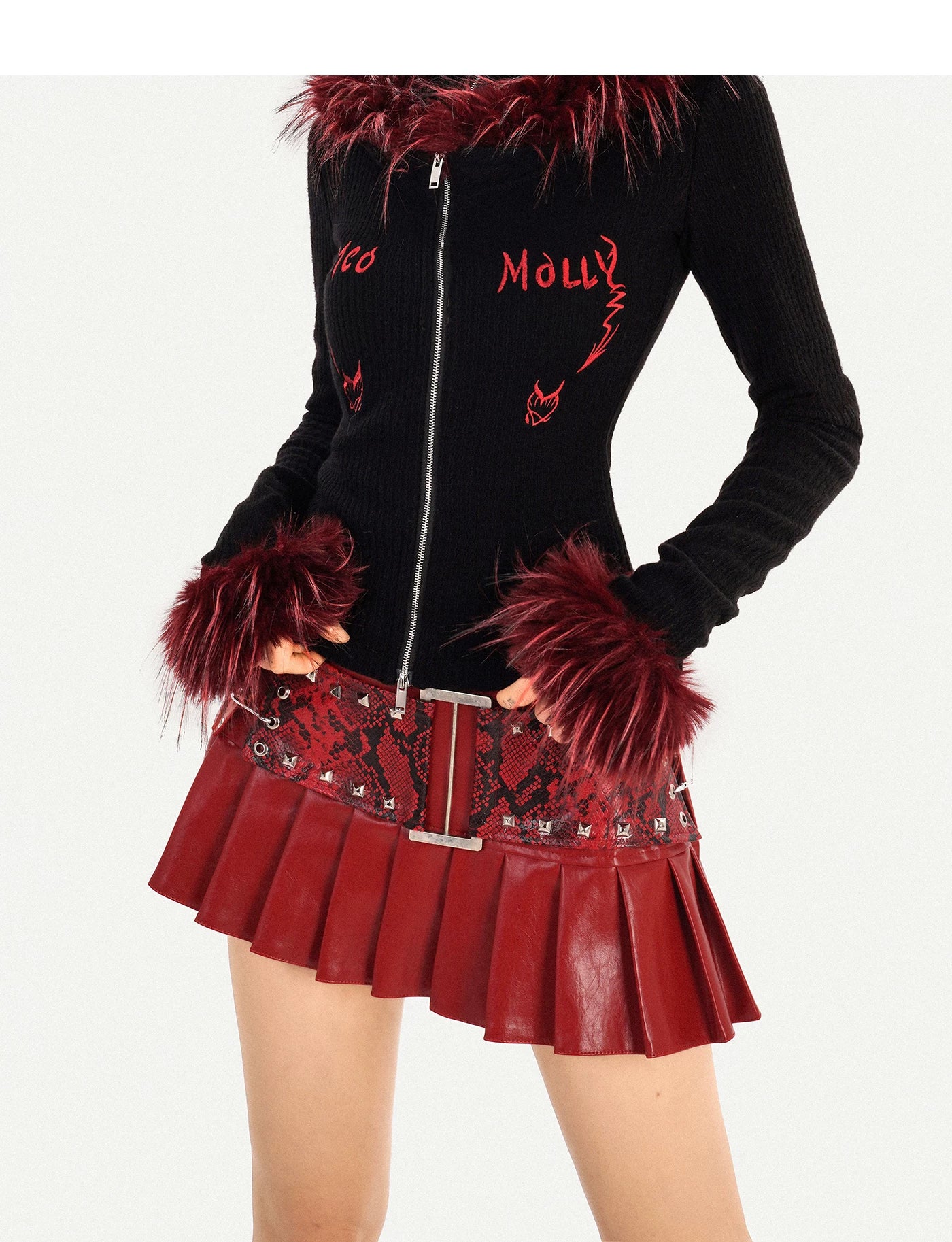 Fake Layered Double Zipper Flame Fake Fur Collar Knit Cardigan