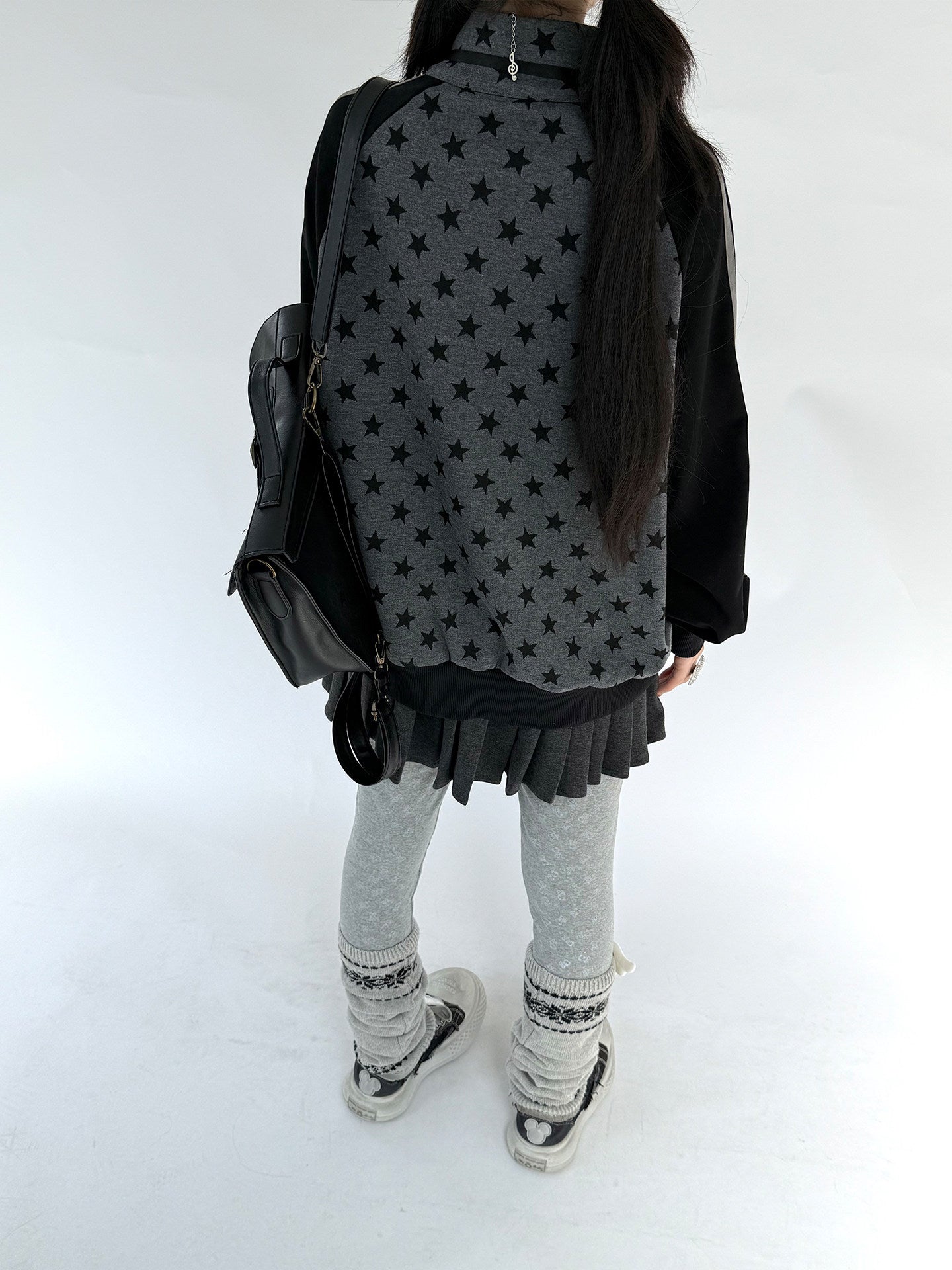 Star Print Double Zipper High-Neck Oversize Cardigan