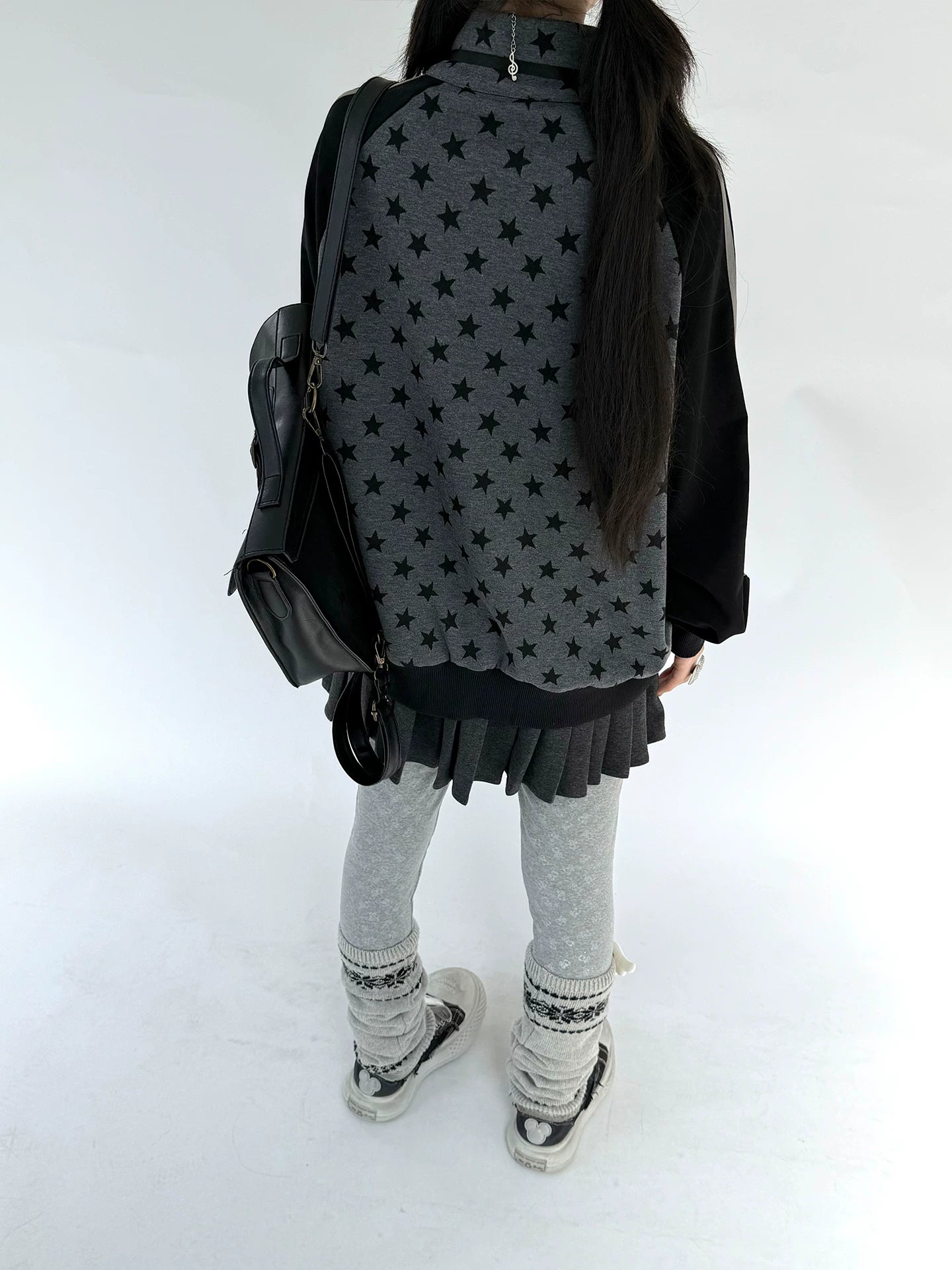 Star Print Double Zipper High-Neck Oversize Cardigan