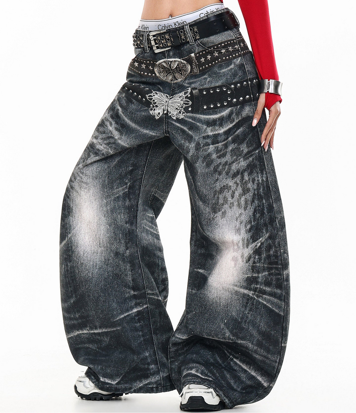 Butterfly Double Waistband 3D Print Wide Leg Denim Jeans