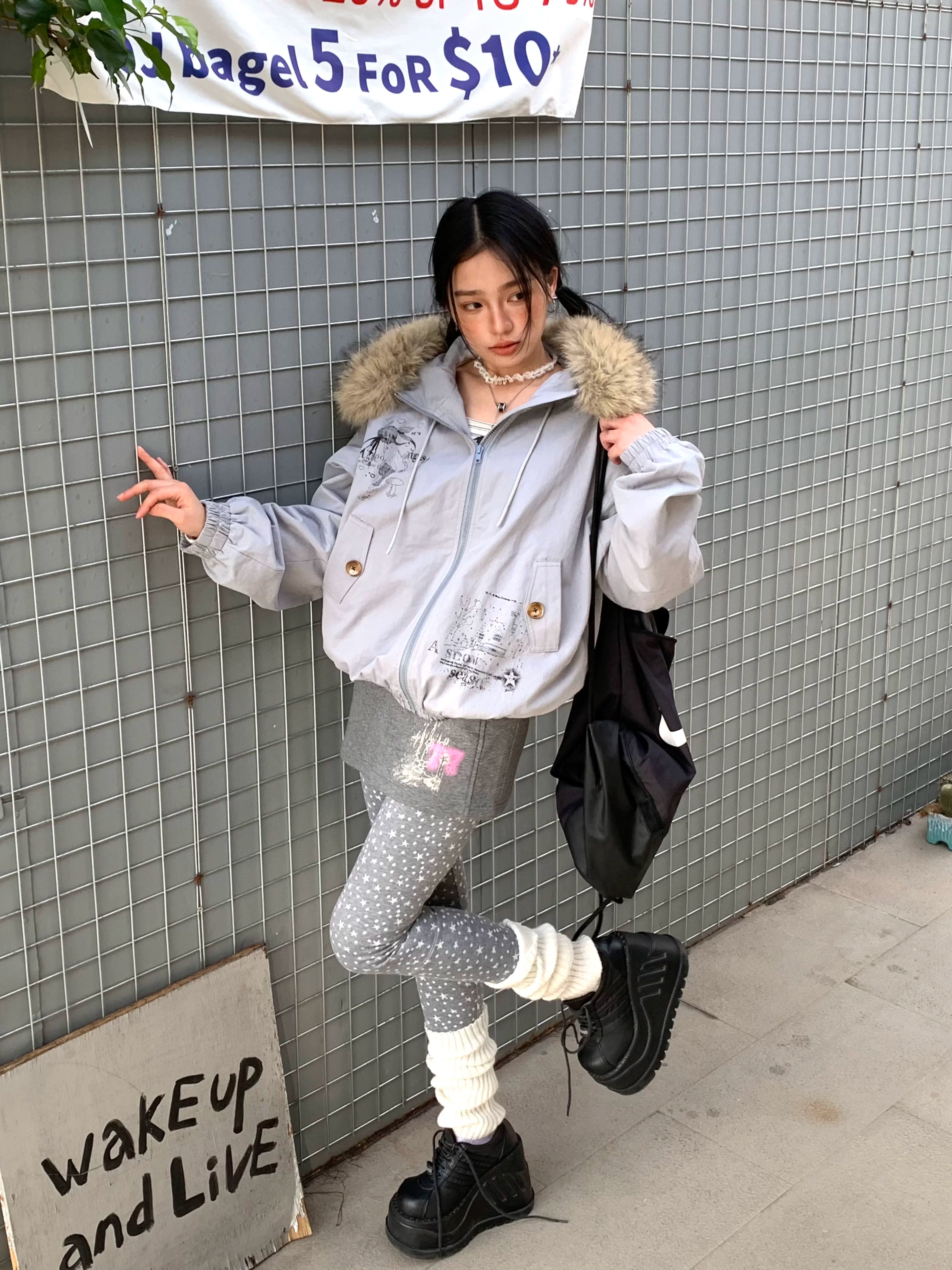 Fake Fur Trim Graphic Print Oversize Hooded Jacket