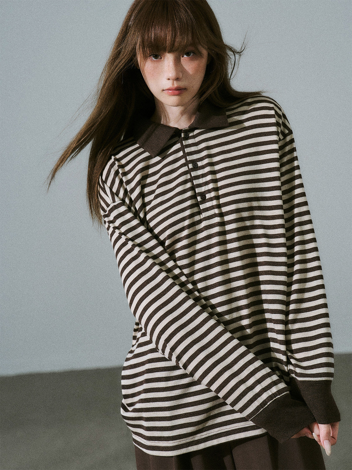 Brown Striped Long Sleeve Polo-Shirt