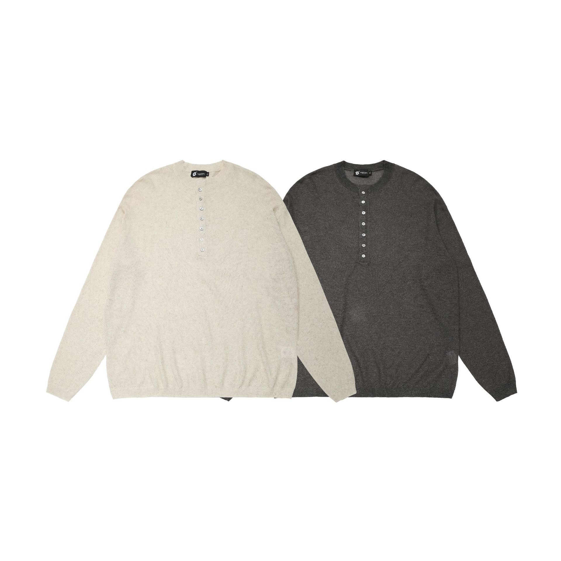 Openwork Linen Henley Neck Knit Sweater