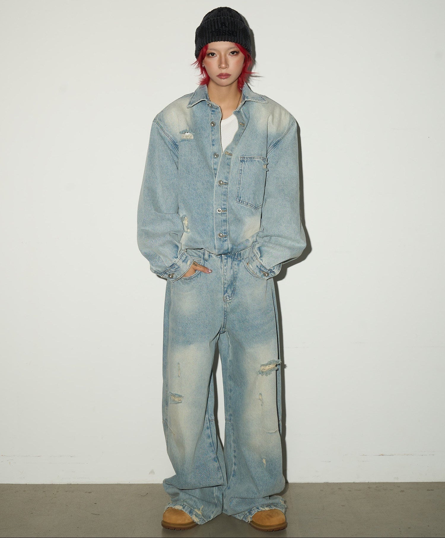 Ripped Damage Denim Jacket &wide Leg Denim Jeans Setup