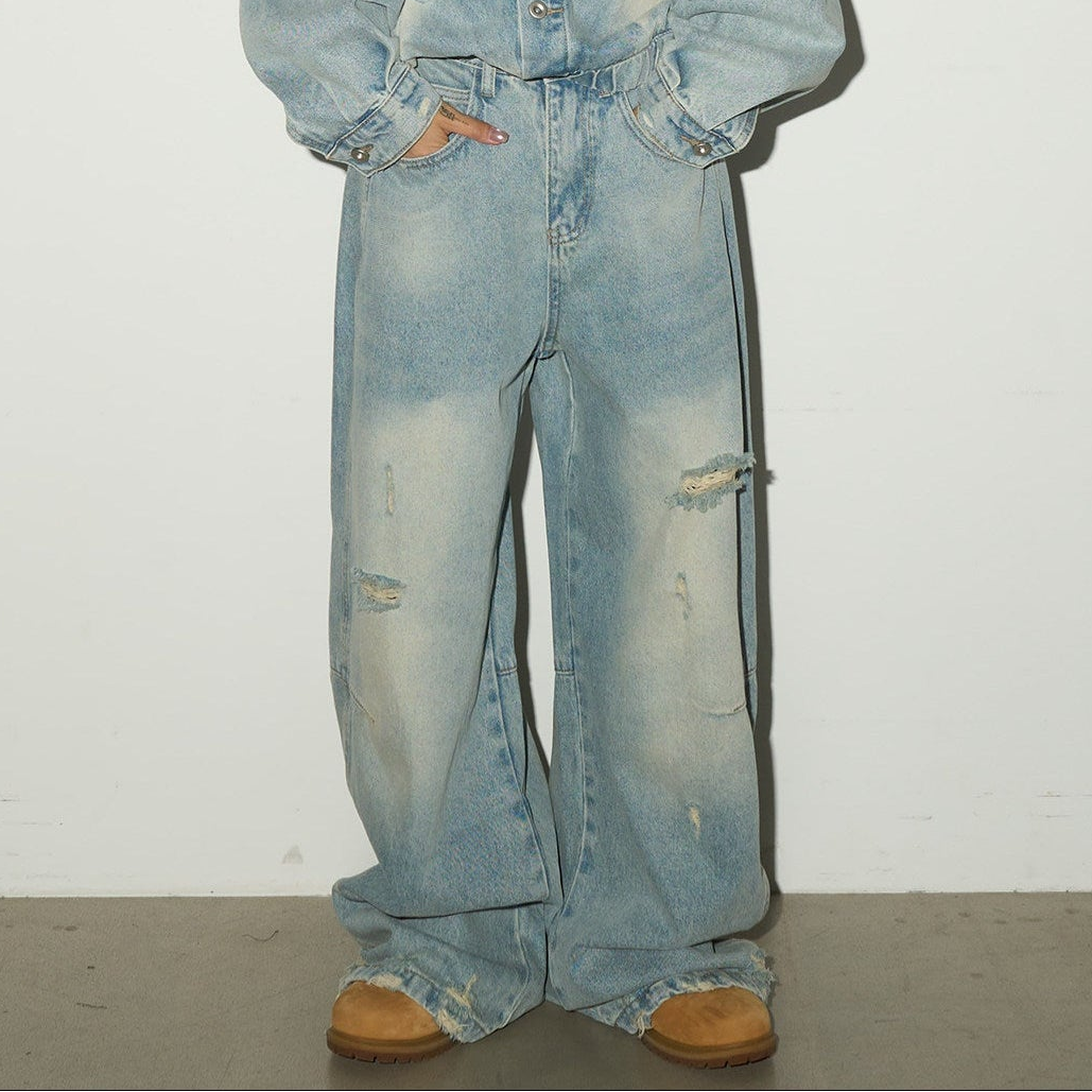 Ripped Damage Denim Jacket &wide Leg Denim Jeans Setup