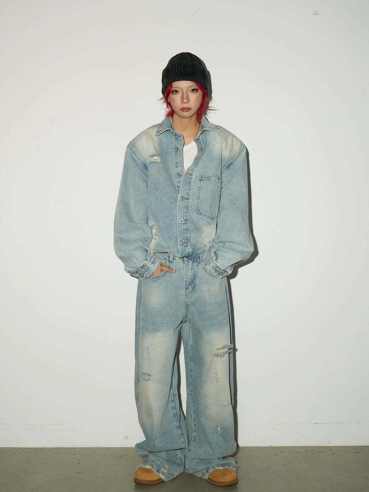 Ripped Damage Denim Jacket &wide Leg Denim Jeans Setup