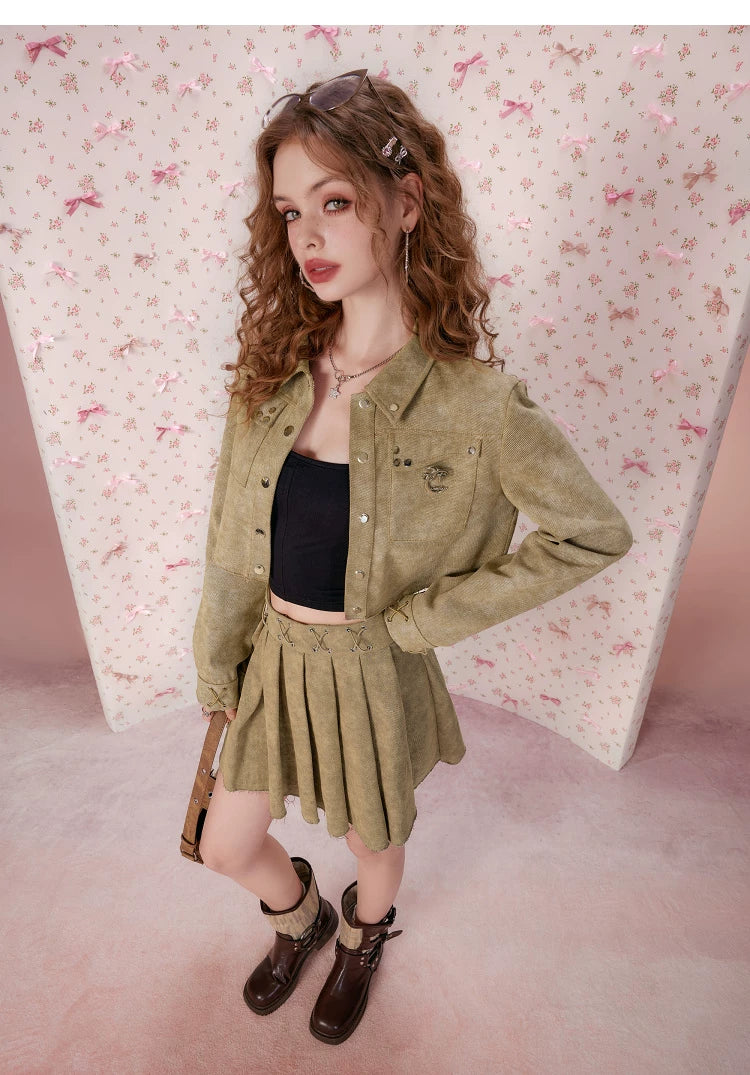 Pleats Short Skirt & Short Jacket Setup