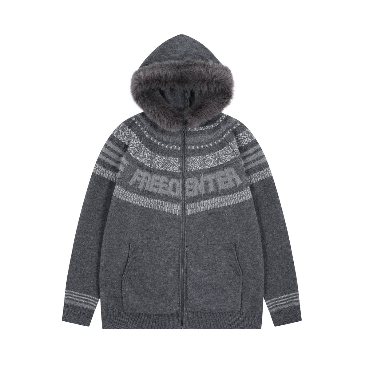 Fair Isle Hooded Detachable Fur Collar Knit Cardigan