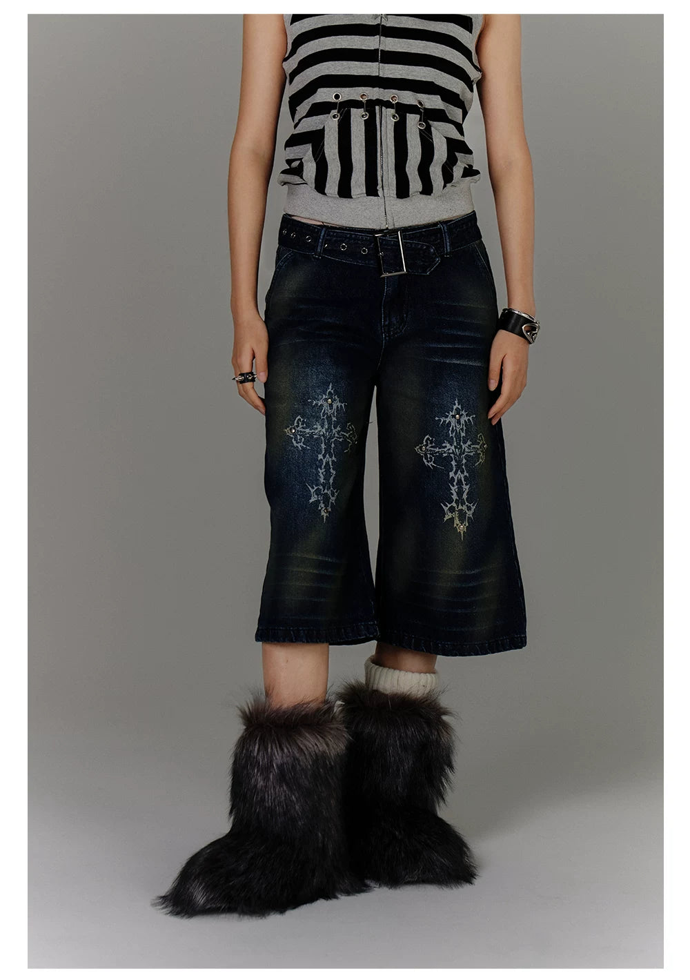 Washed Damage High-Waist Cropped Straight Denim Jeans