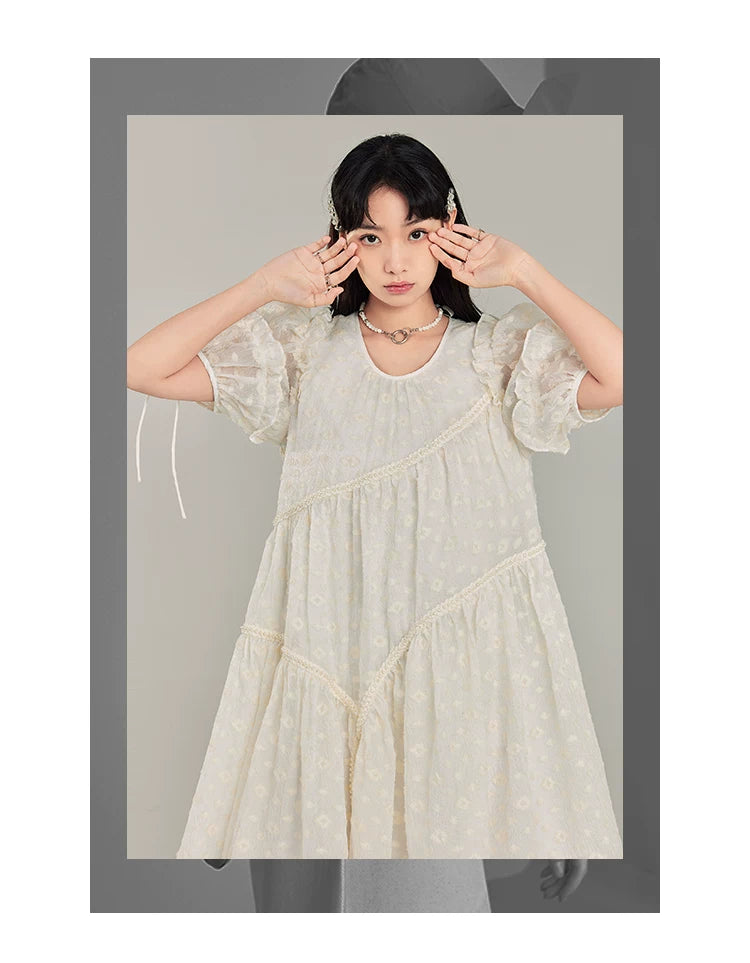 Jacquard Design Short Sleeve Dress With Irregular Hem Length