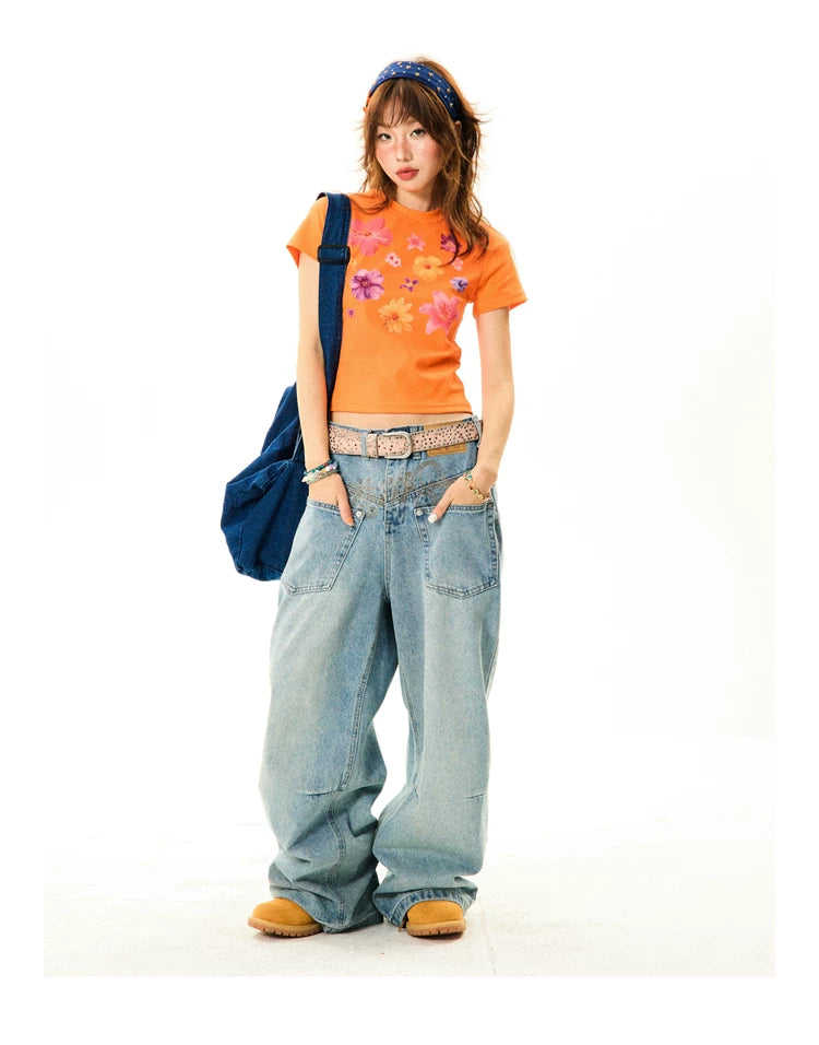 Flower Print Cropped Short Sleeve T-Shirt