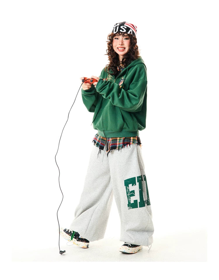 Letter Embroidery Washed Zipper Hoodie