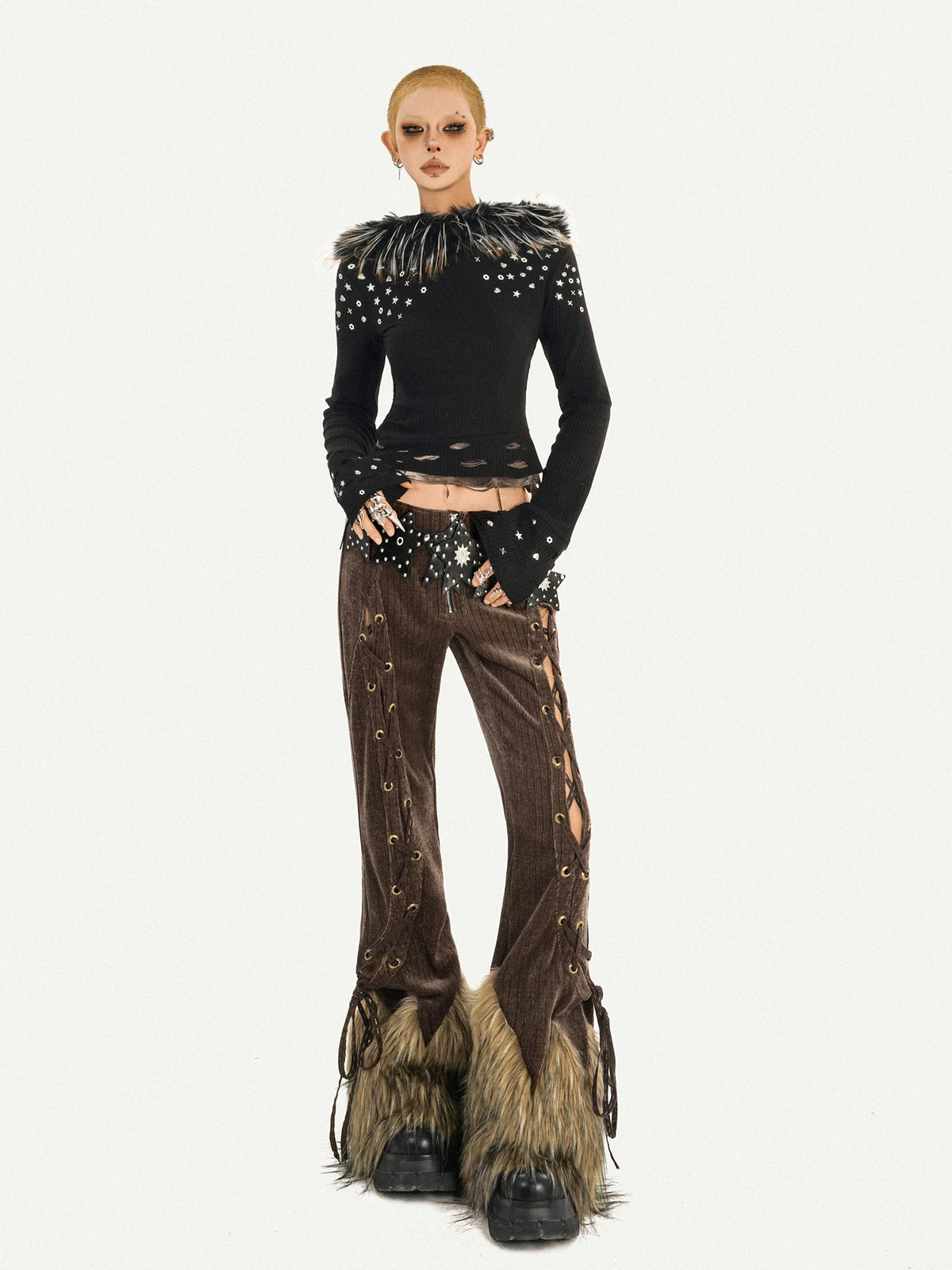 Corduroy Patchwork Fake Fur Lace-Up Slimming Pants