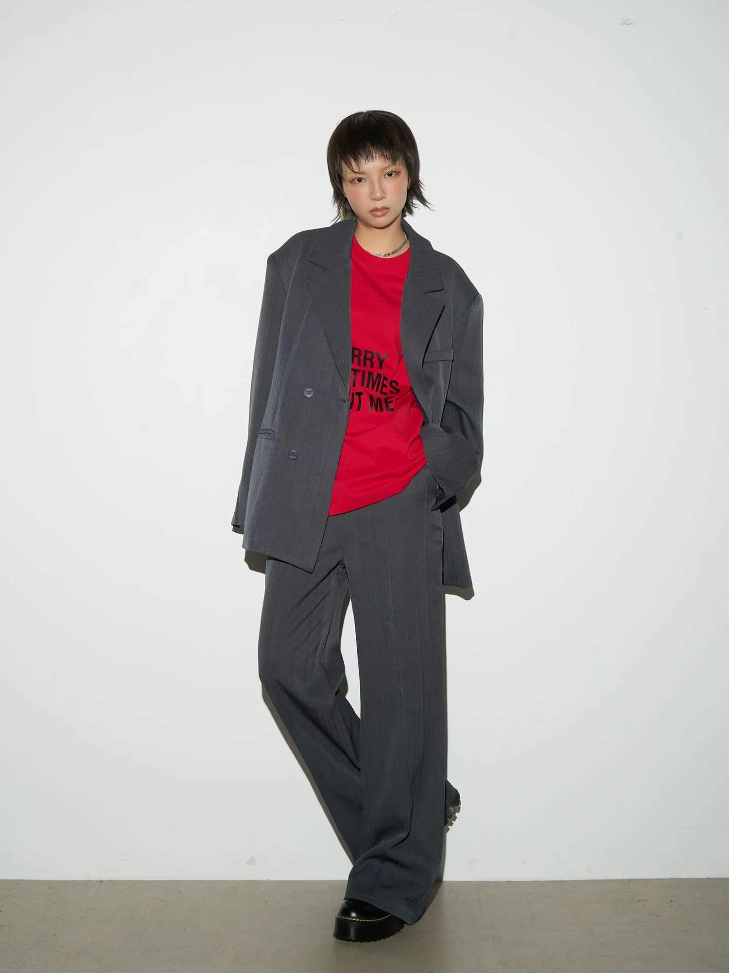 Shoulder-Pad Draped Tailored Jacket & Trousers Setup