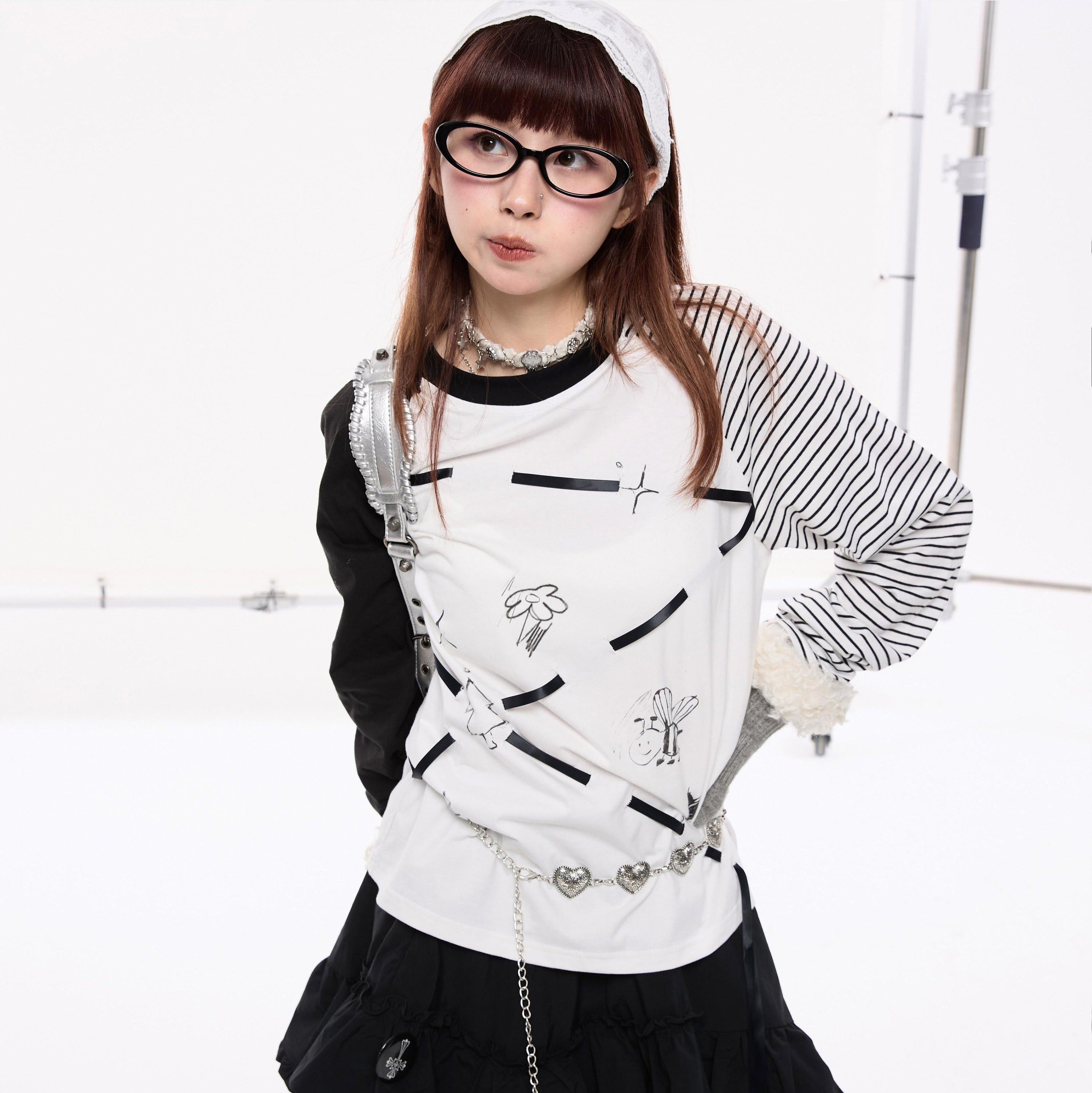 Lace-Up Stripe Patchwork Contrast Raglan Sleeve Long Sleeve T-Shirt