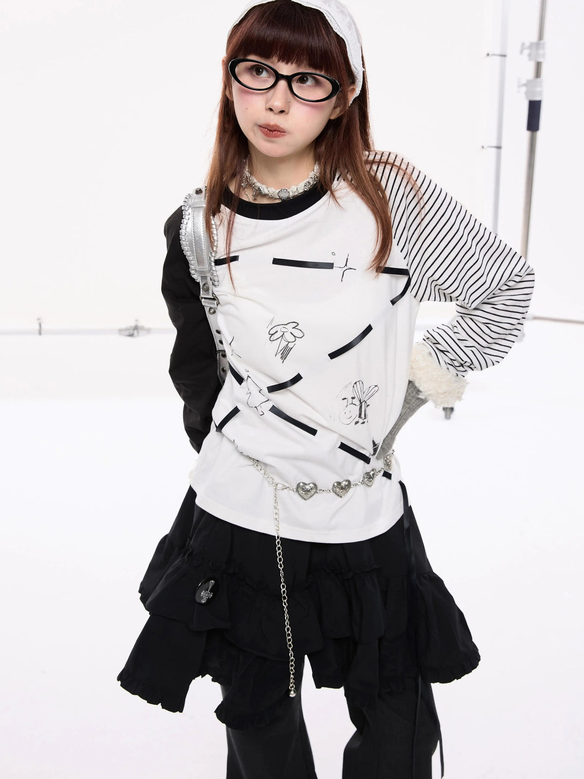 Lace-Up Stripe Patchwork Contrast Raglan Sleeve Long Sleeve T-Shirt