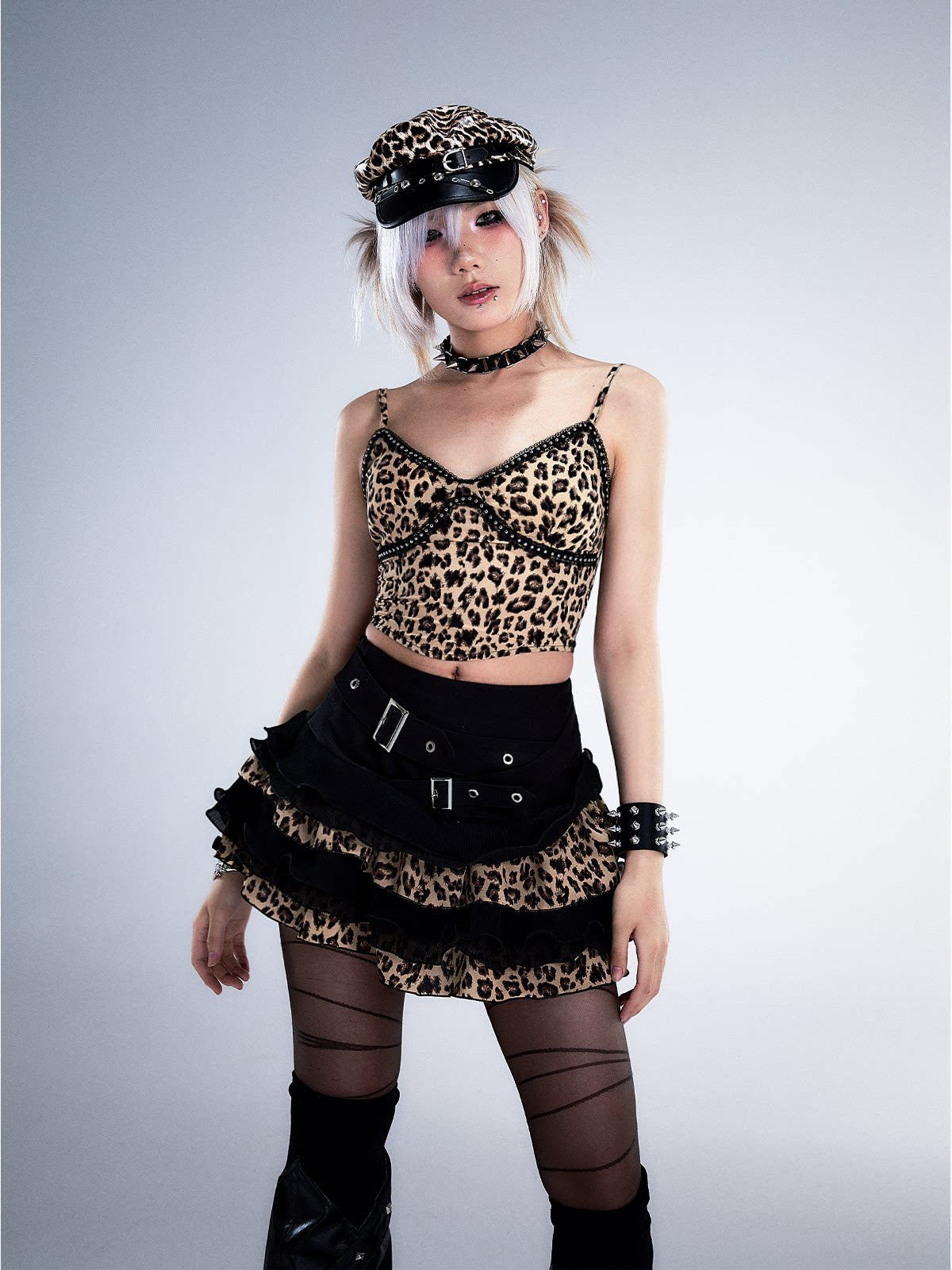 Leopard Patchwork Belted Tiered A-Line Skirt