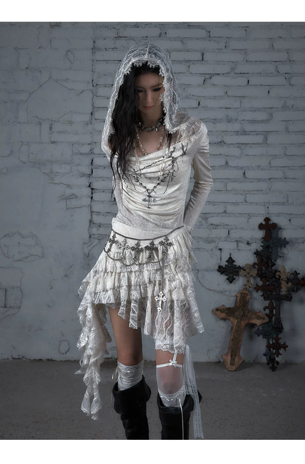 Lace Hooded Asymmetric Ruffle Dress