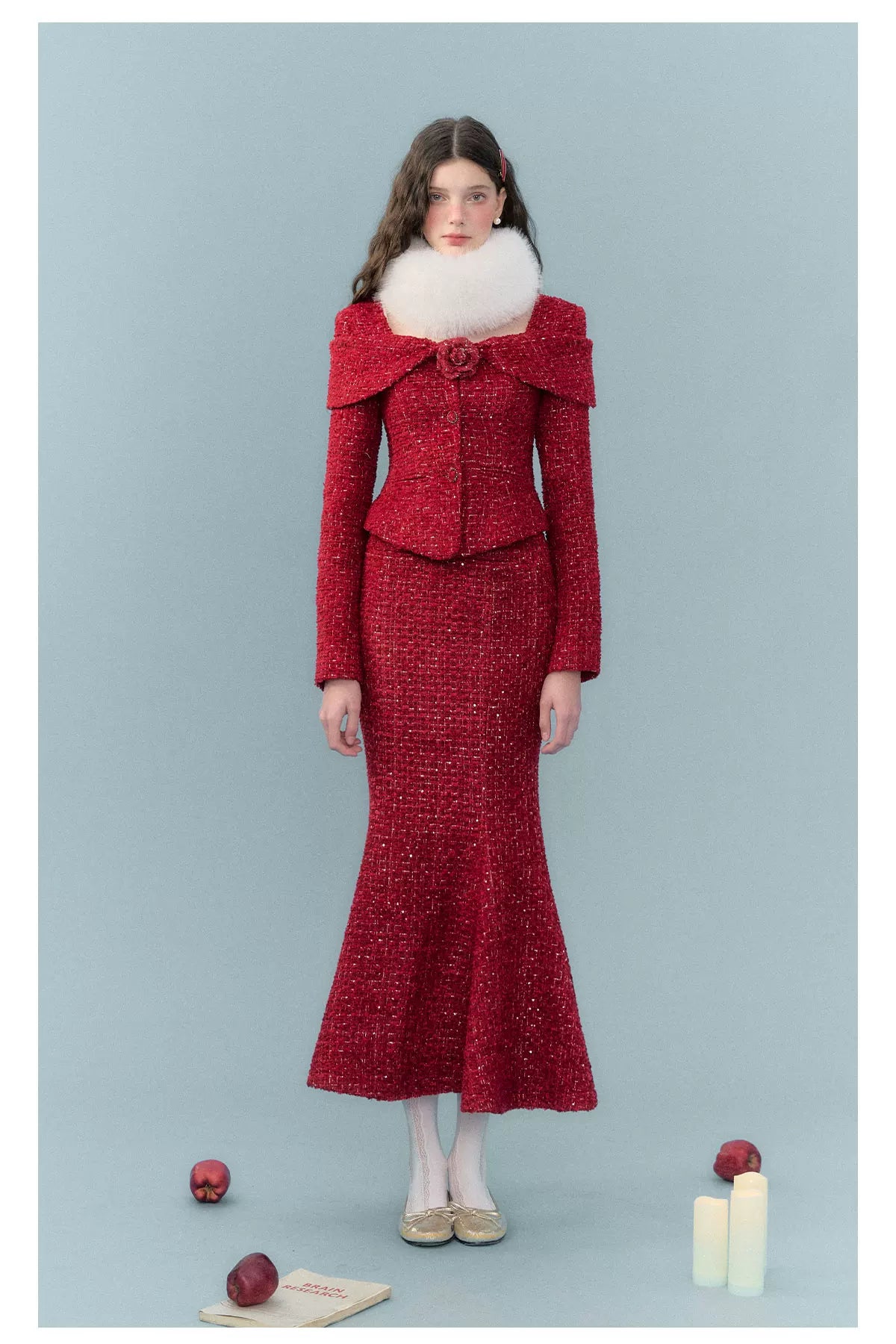 Short Tweed Jacket & Tweed Short Skirt & Tweed Fishtail Long Skirt & Fur Scarf Setup