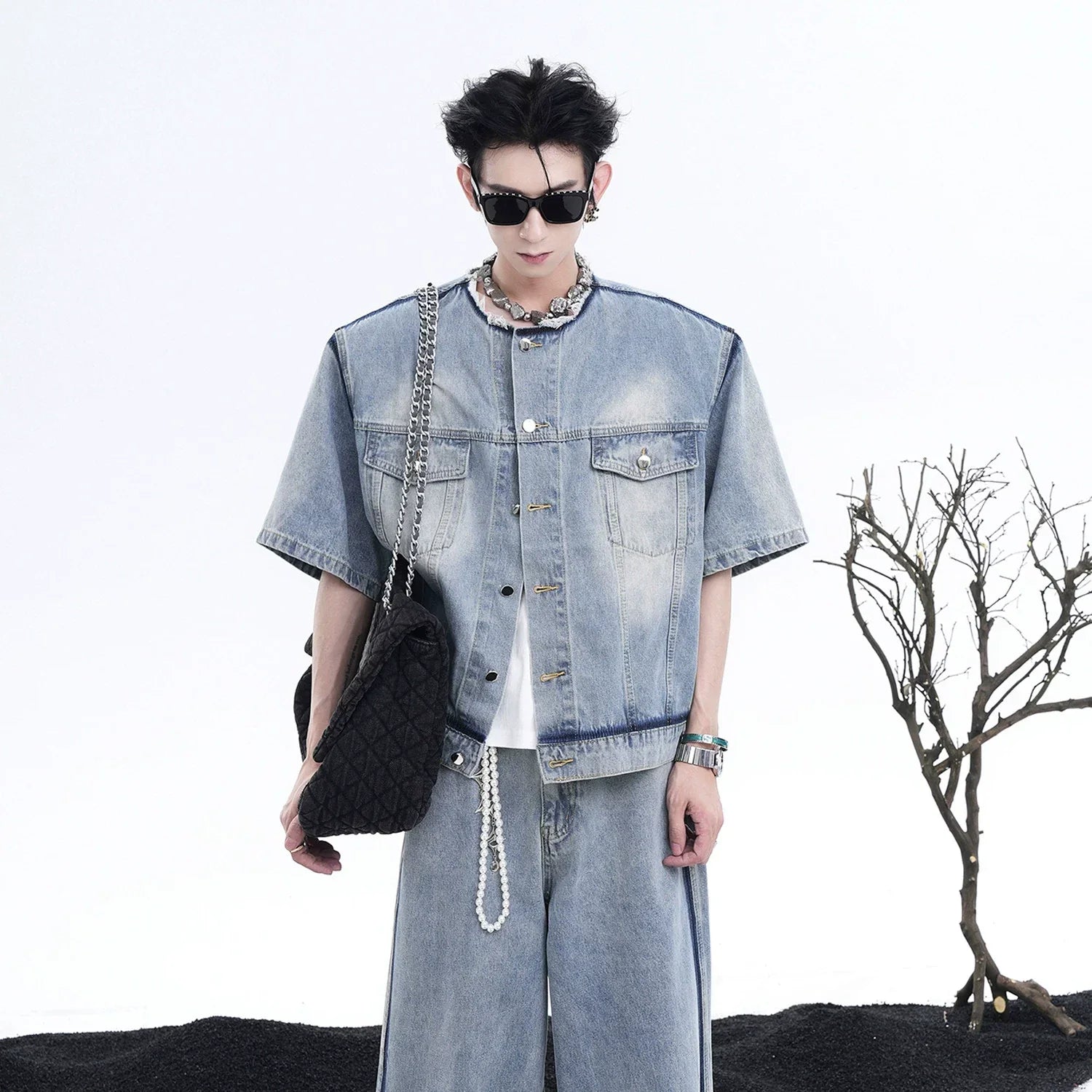 Damage Short Sleeve Denim Jacket & Wide-Leg Straight Denim Jeans Setup