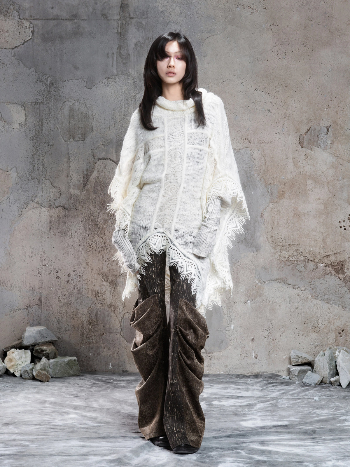 Punk Cross Cape Asymmetric Fringe Knit Sweater