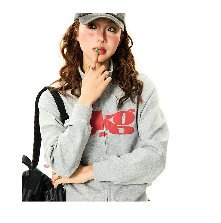 Letter Print Fitted Zipper Hoodie