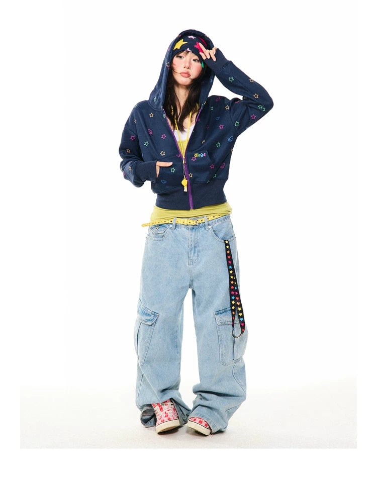 Star Print Fleece Zipper Hoodie