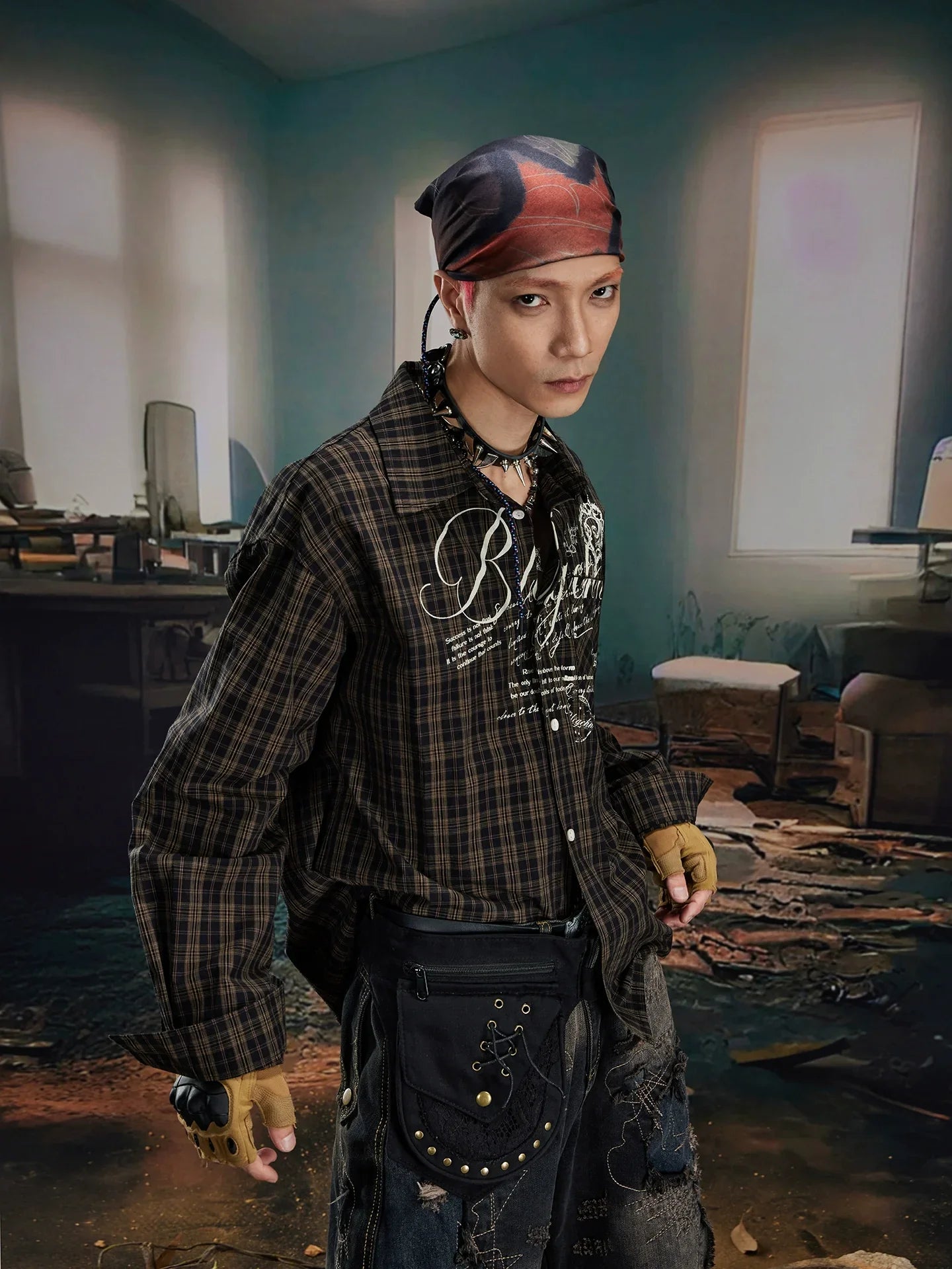 Print Oversize Plaid Long Sleeve Shirt
